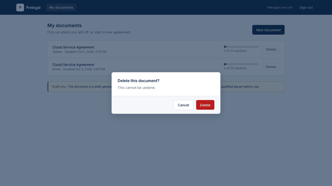 Prelegal document list with a delete confirmation dialog